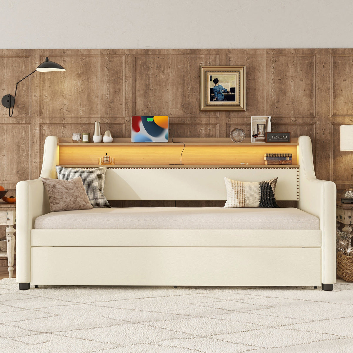Twin Daybed with Trundle, Charging Shelf & LED Lights