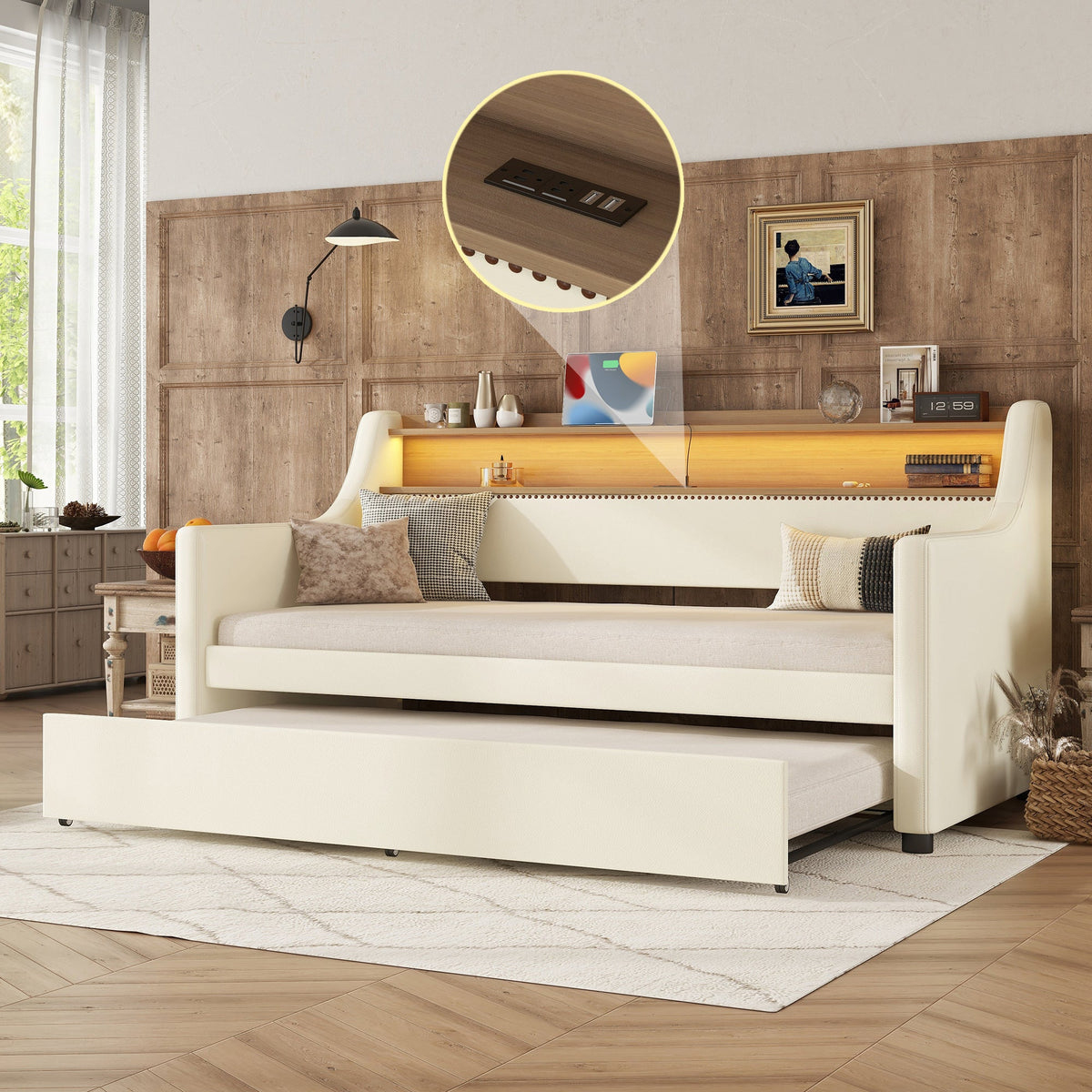 Twin Daybed with Trundle, Charging Shelf & LED Lights