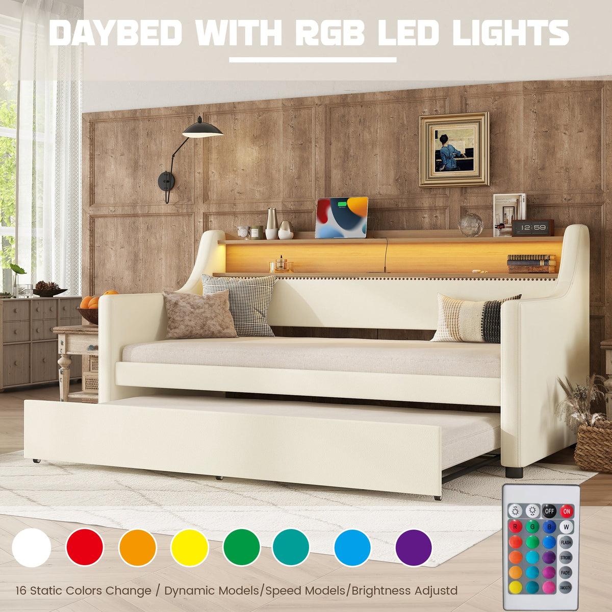 Twin Daybed with Trundle, Charging Shelf & LED Lights