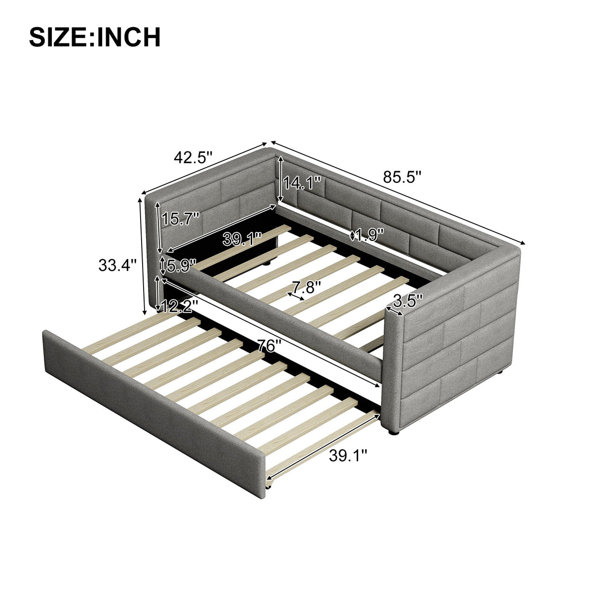 Gray Upholstered Twin Daybed with Pull-Out Trundle