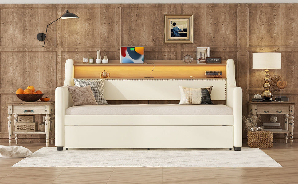 Twin Daybed with Trundle, Charging Shelf & LED Lights