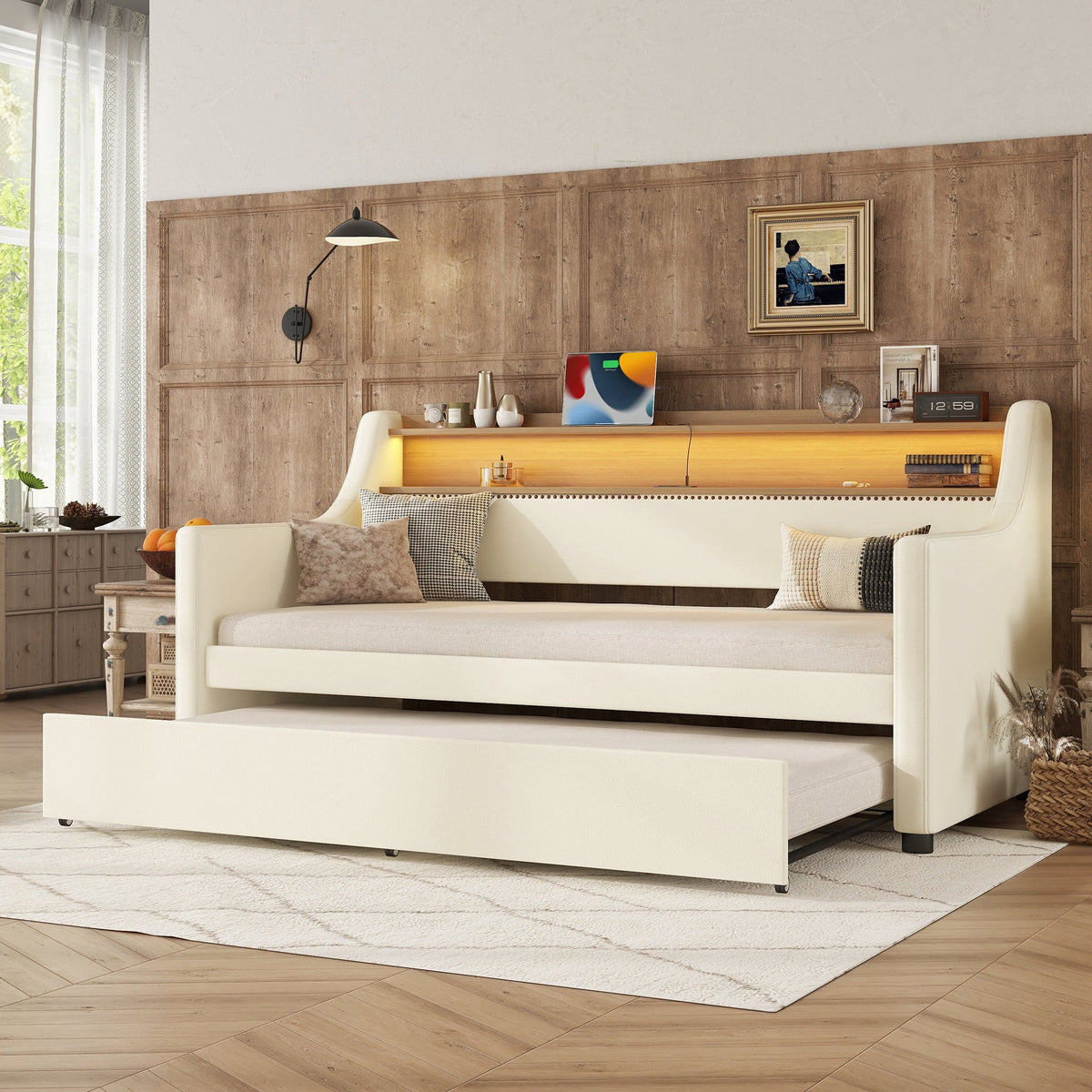 Twin Daybed with Trundle, Charging Shelf & LED Lights