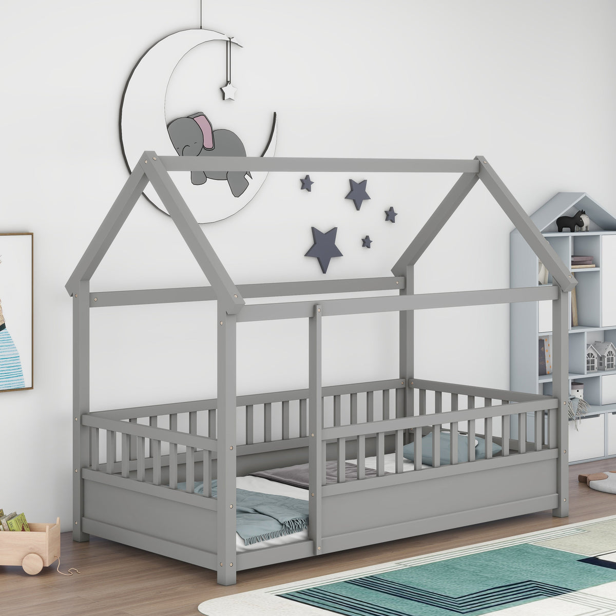 Toddler Twin Floor Bed with House Roof & Guardrails