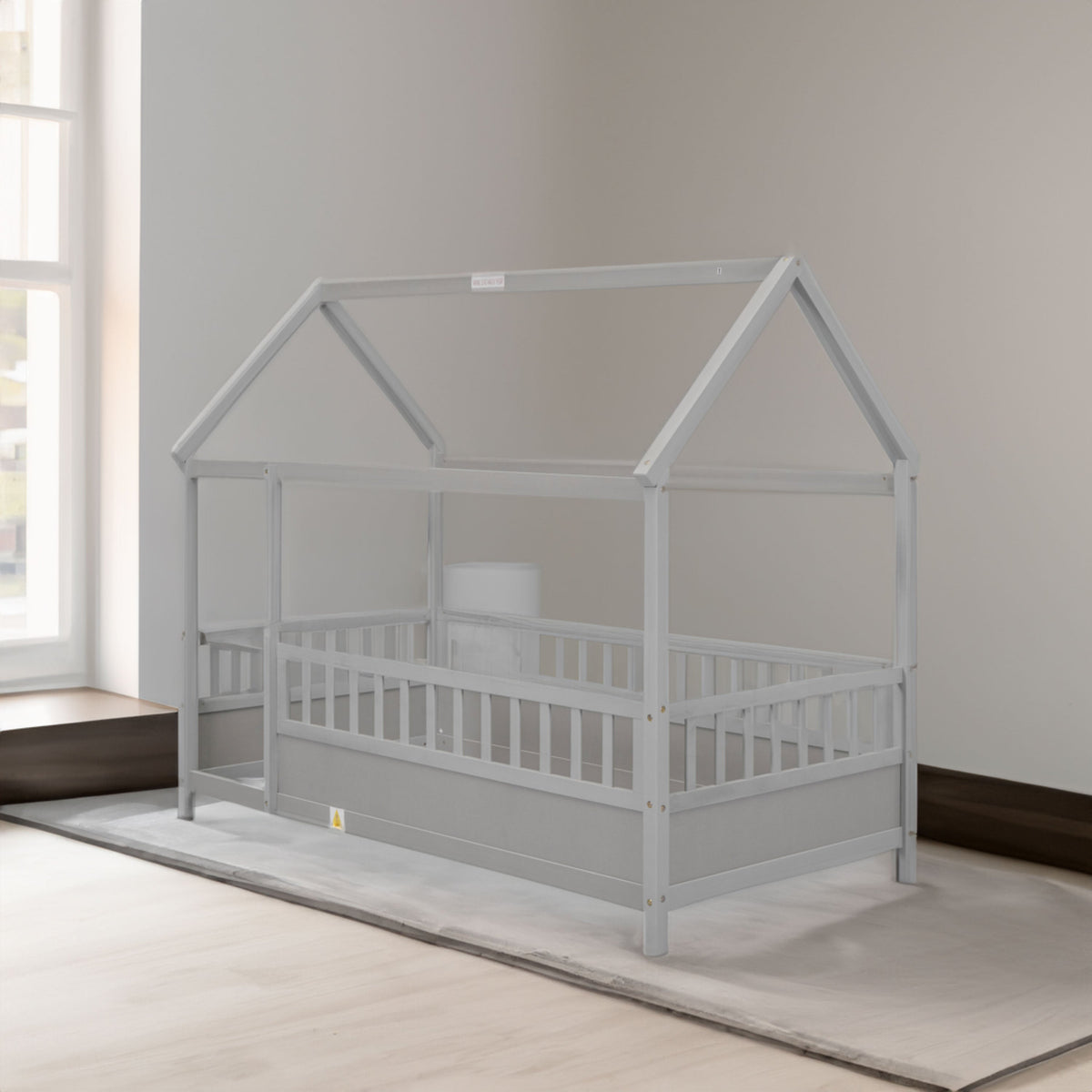 Toddler Twin Floor Bed with House Roof & Guardrails