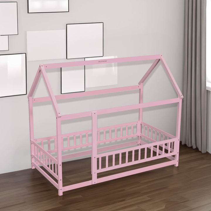 Pink Twin Floor Bed with House Roof and Guardrails