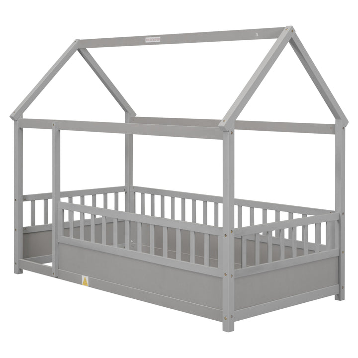 Toddler Twin Floor Bed with House Roof & Guardrails