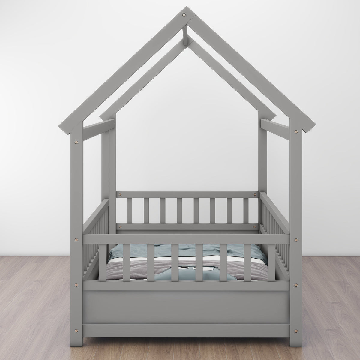 Toddler Twin Floor Bed with House Roof & Guardrails