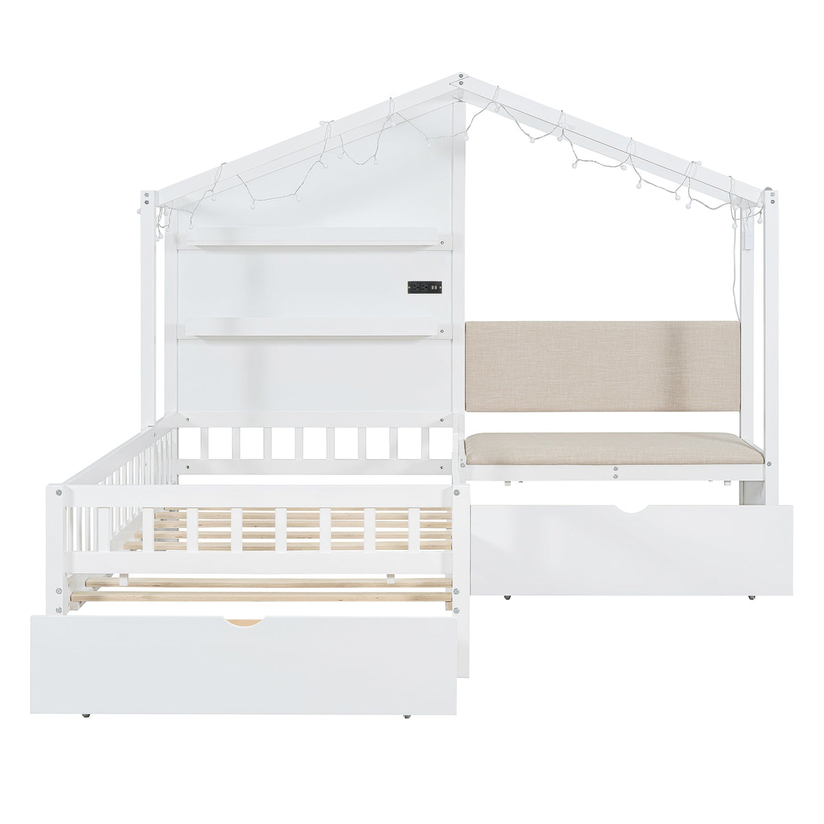 Twin House Bed with Sofa, Drawers and Charging Station