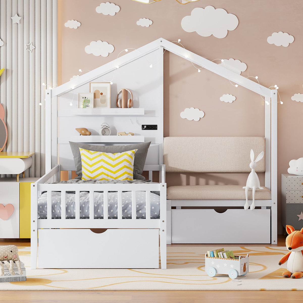 Twin House Bed with Sofa, Drawers and Charging Station