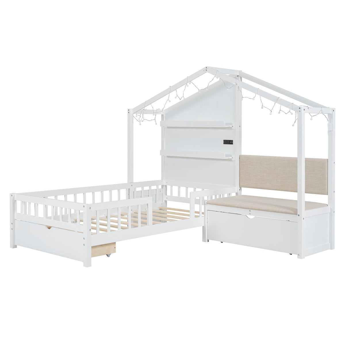 Twin House Bed with Sofa, Drawers and Charging Station