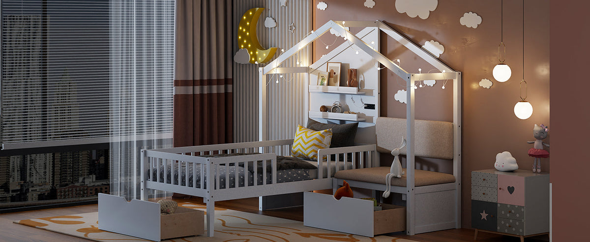 Twin House Bed with Sofa, Drawers and Charging Station