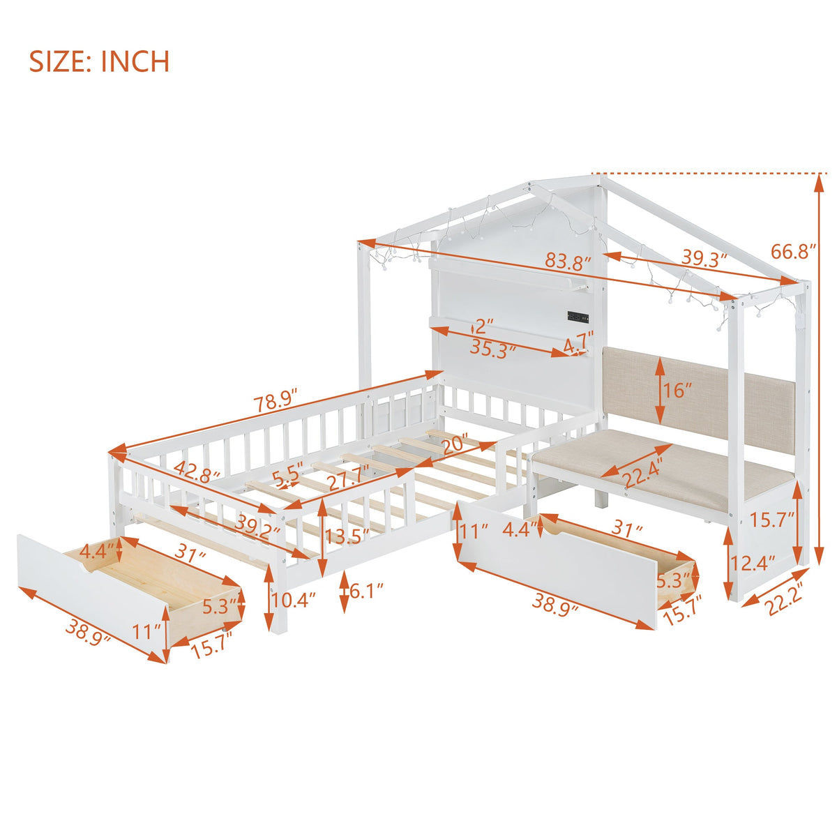 Twin House Bed with Sofa, Drawers and Charging Station
