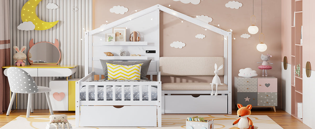 Twin House Bed with Sofa, Drawers and Charging Station