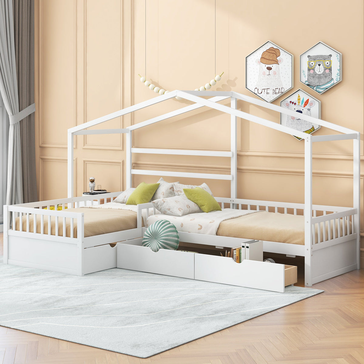 Kids Twin House Platform Bed with 3 Storage Drawers