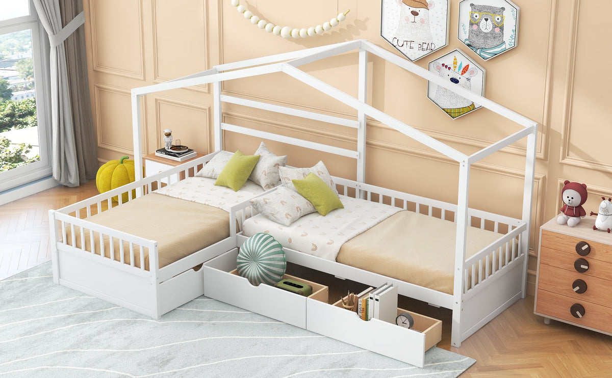 Kids Twin House Platform Bed with 3 Storage Drawers