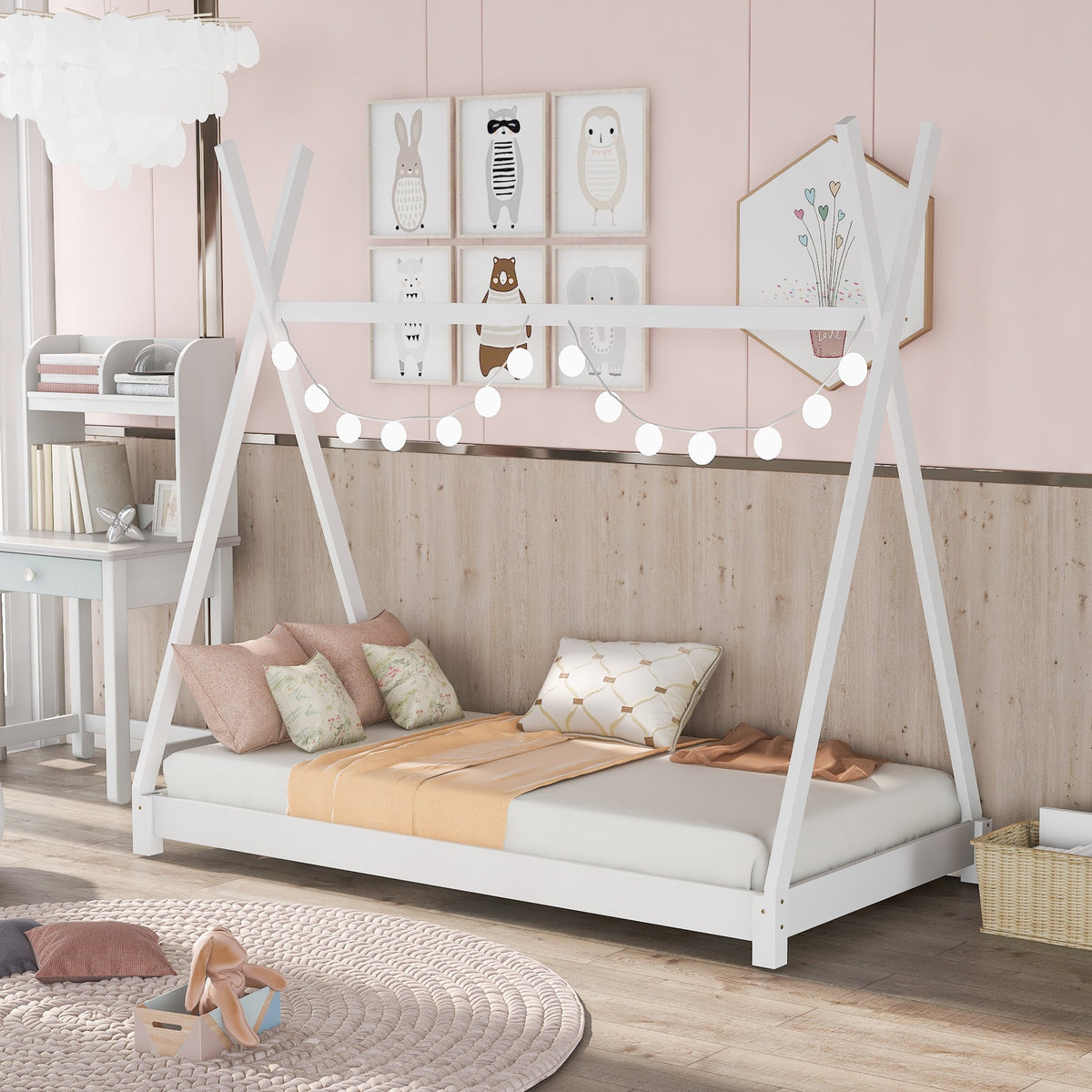 Twin Floor Bed with Tent Canopy for Kids, White Wood