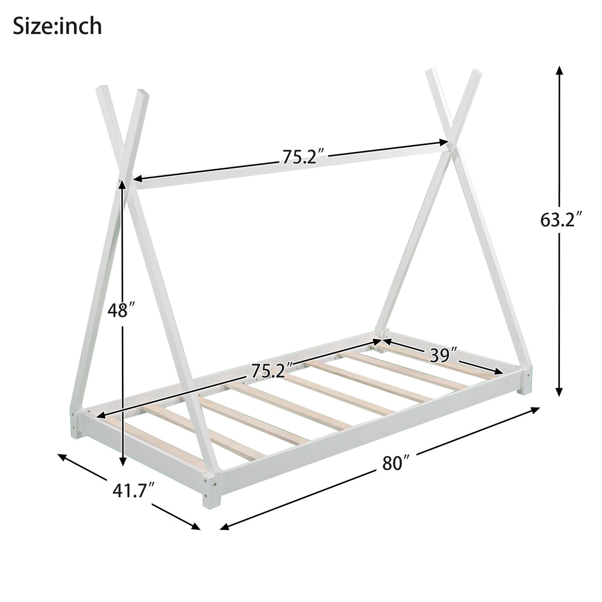 Twin Floor Bed with Tent Canopy for Kids, White Wood