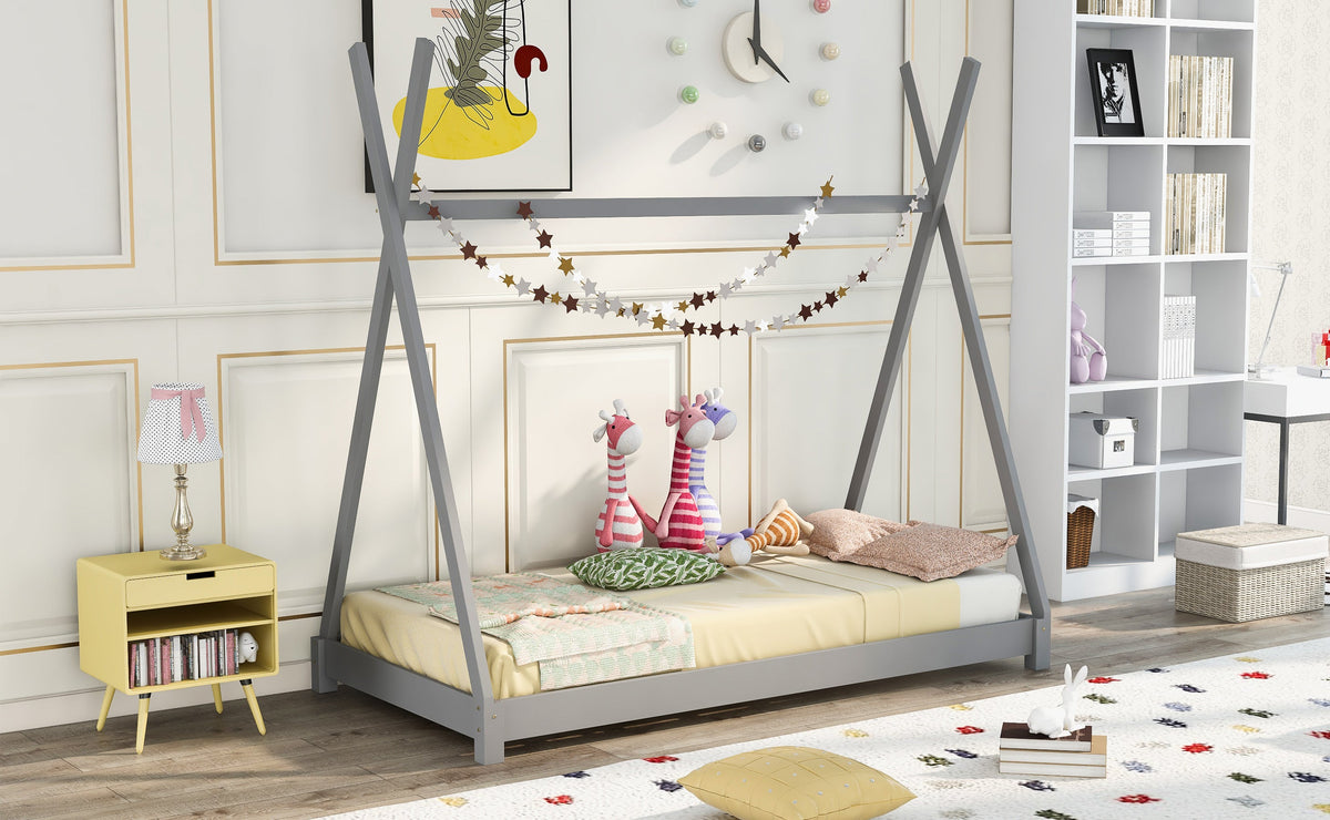Twin Kids Platform Bed Frame: Low Tipi Canopy Style