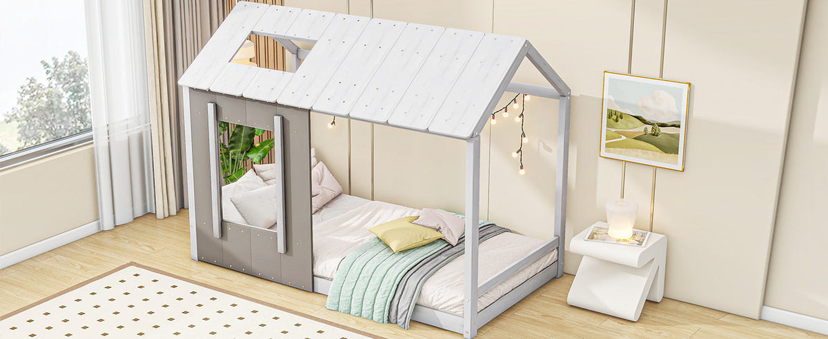 Twin House Platform Bed with Roof & Window for Kids