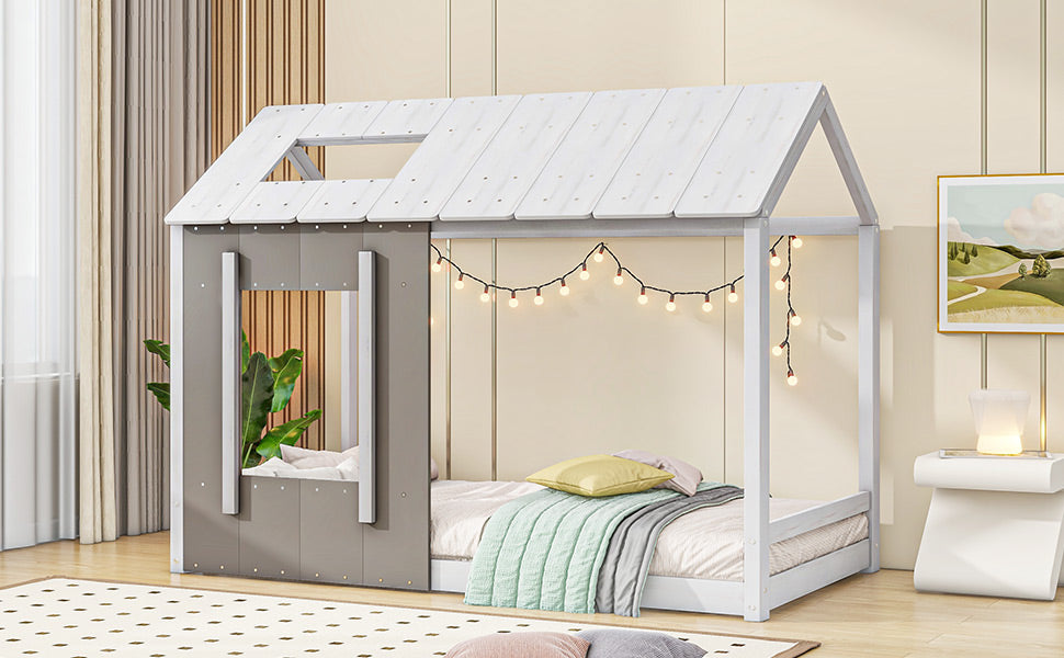 Twin House Platform Bed with Roof & Window for Kids