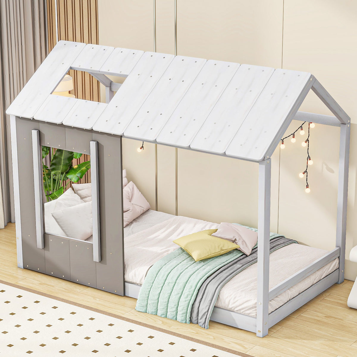 Twin House Platform Bed with Roof & Window for Kids
