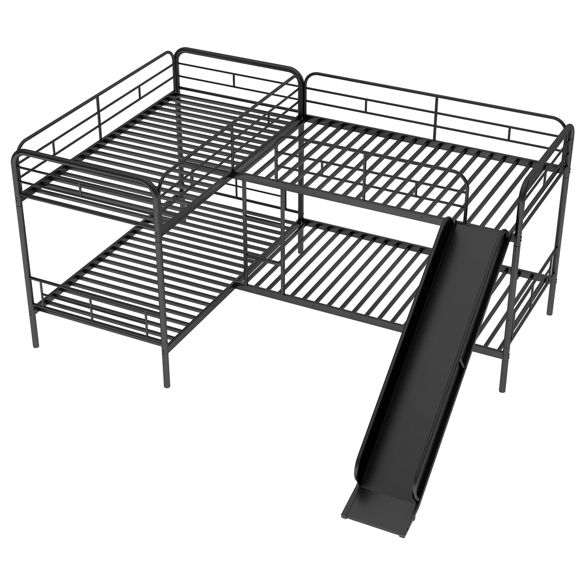 Twin Bunk Bed with Slide and Ladder, Black Metal