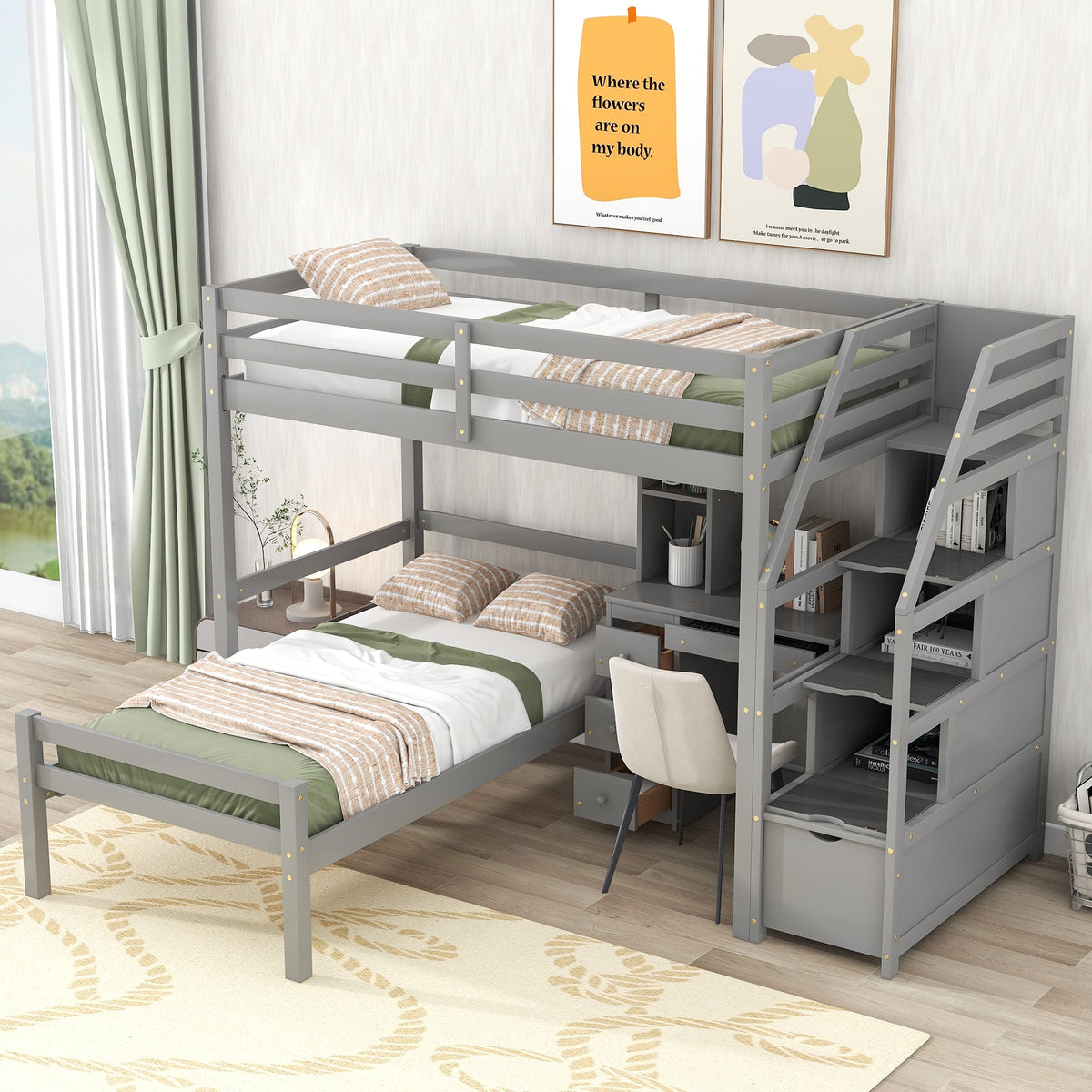 Twin Loft Bed with Desk, Drawers and Storage Stairs