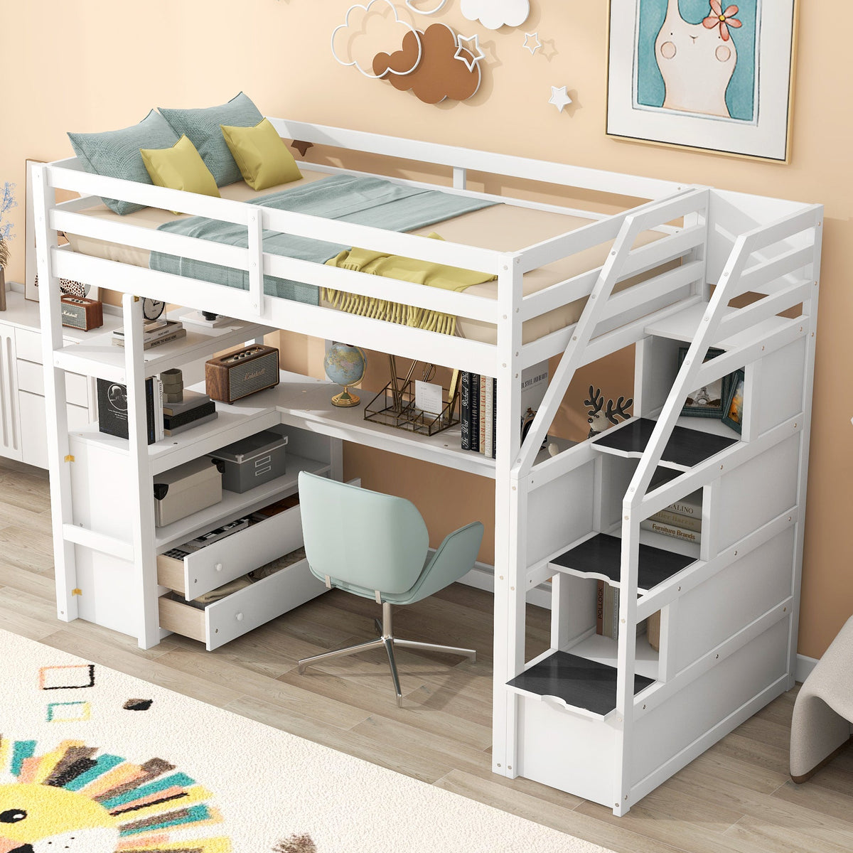 Twin Loft Bed with Desk and Storage Staircase