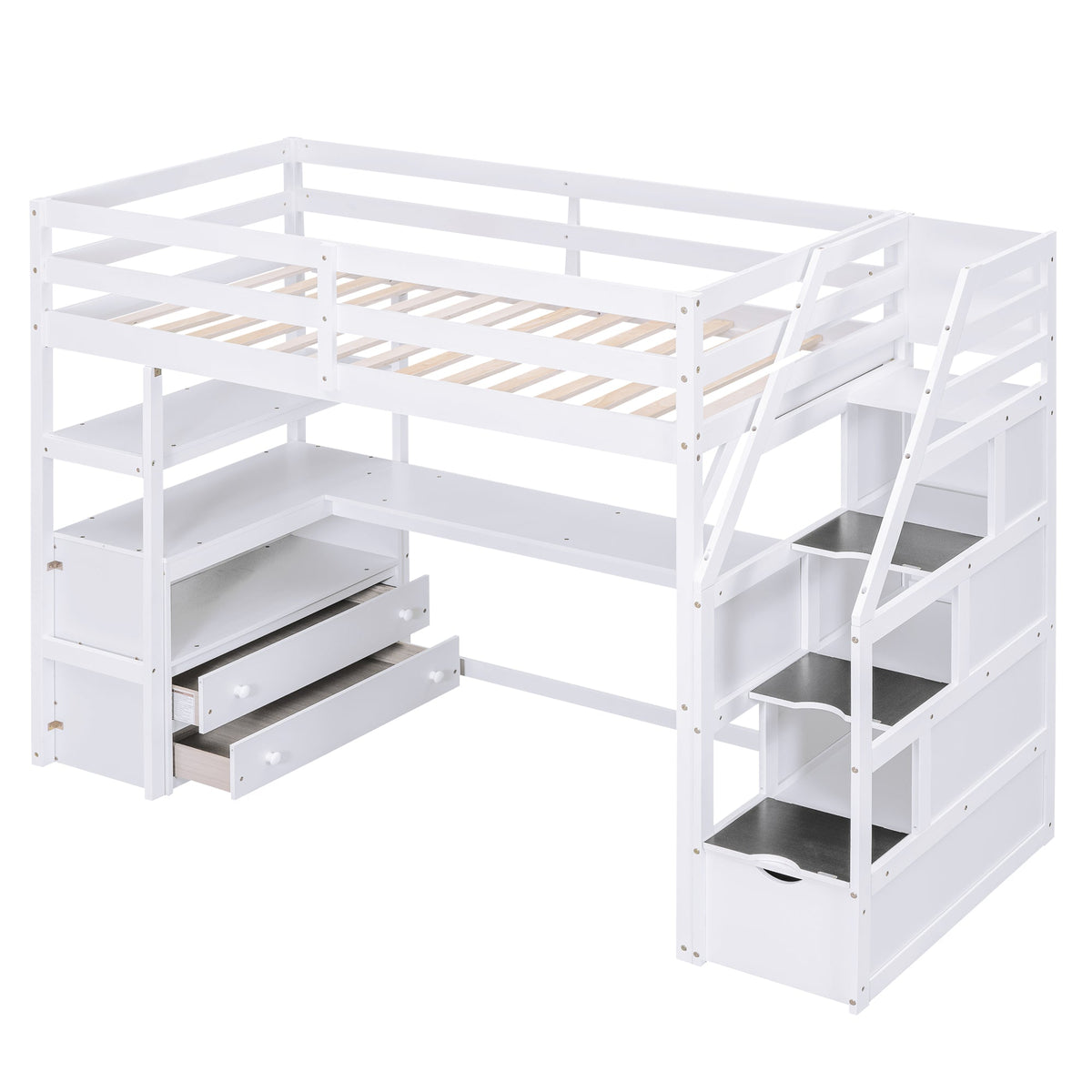 Twin Loft Bed with Desk and Storage Staircase