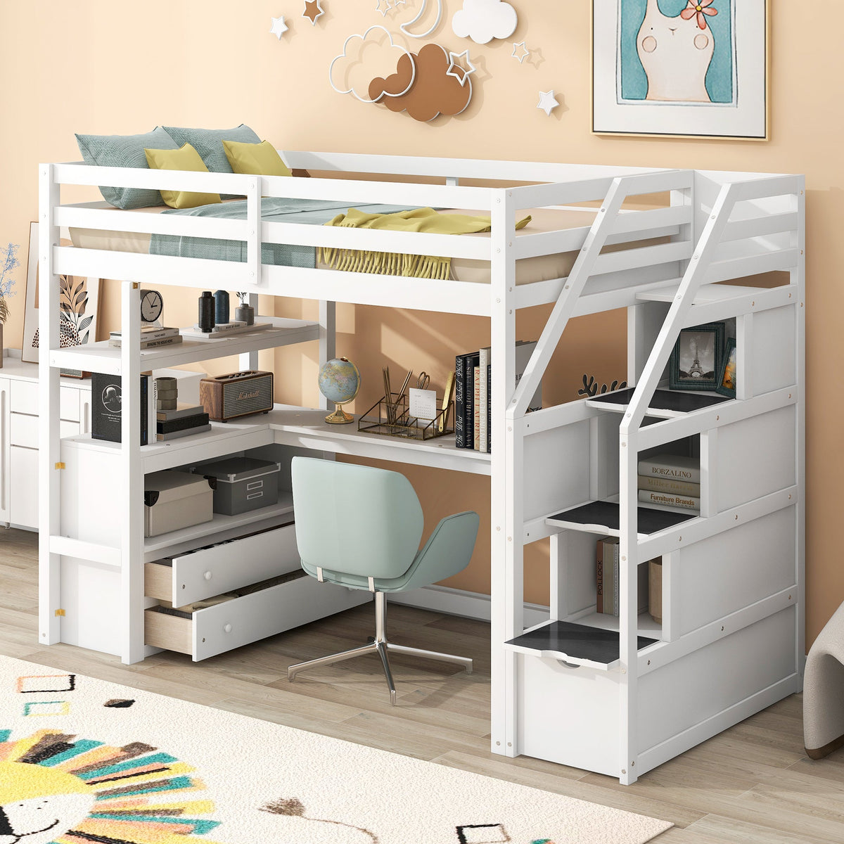 Twin Loft Bed with Desk and Storage Staircase