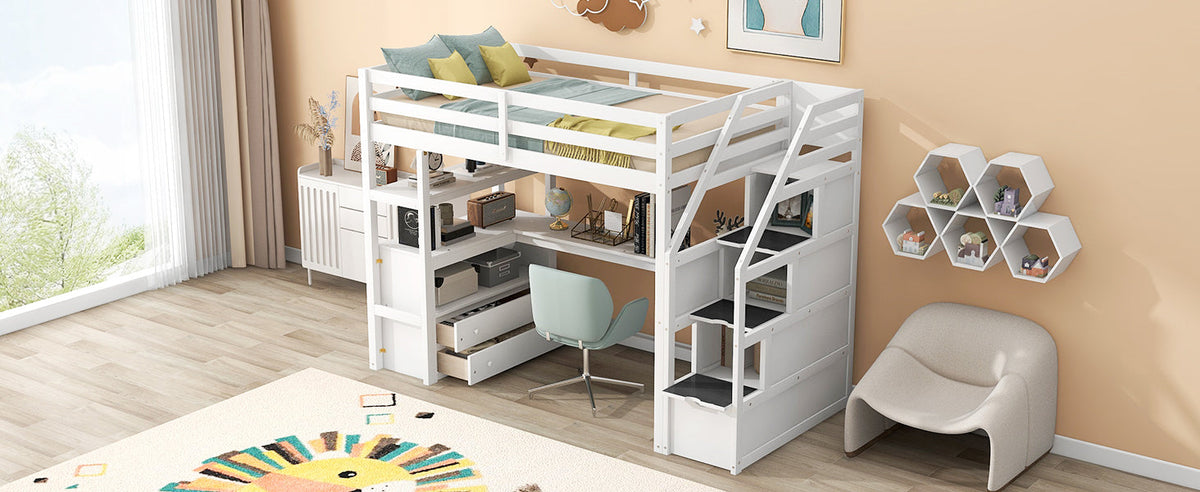Twin Loft Bed with Desk and Storage Staircase