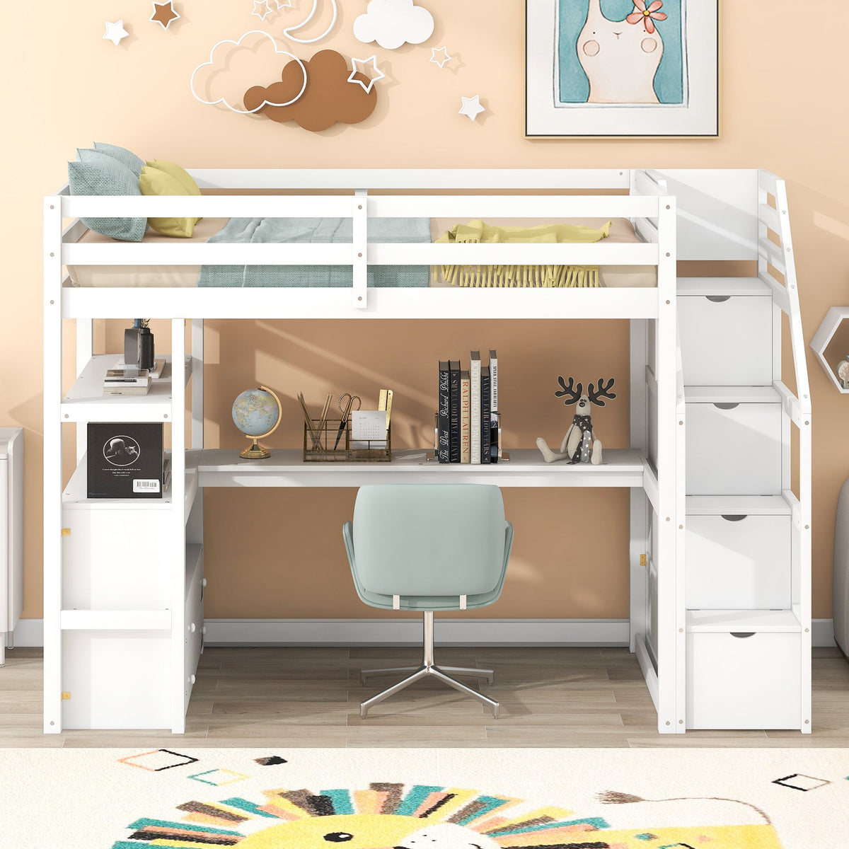 Twin Loft Bed with Desk and Storage Staircase