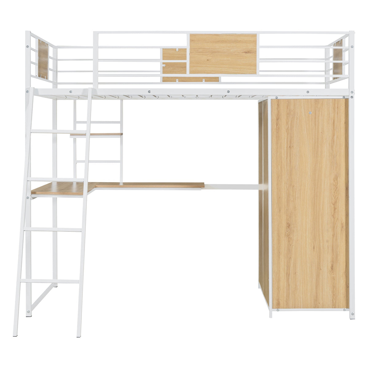Twin Loft Bed with Desk and Wardrobe, White Metal Frame
