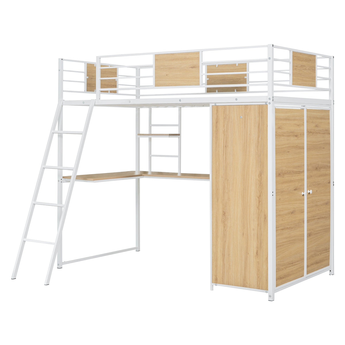 Twin Loft Bed with Desk and Wardrobe, White Metal Frame