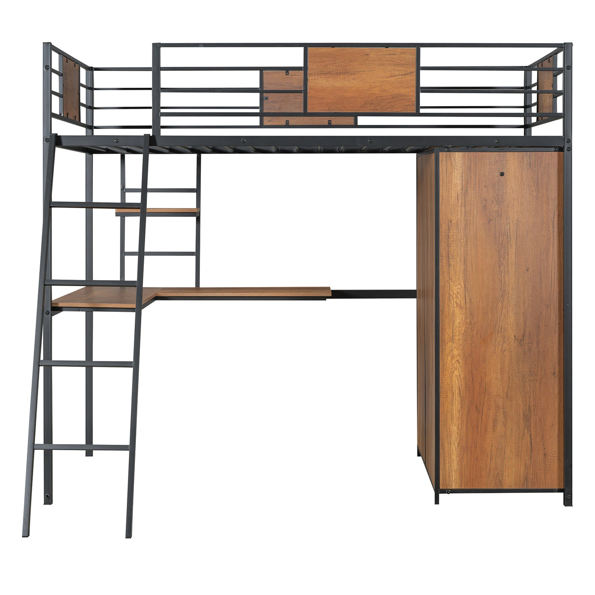 Twin Loft Bed with Desk and Wardrobe in Black Metal