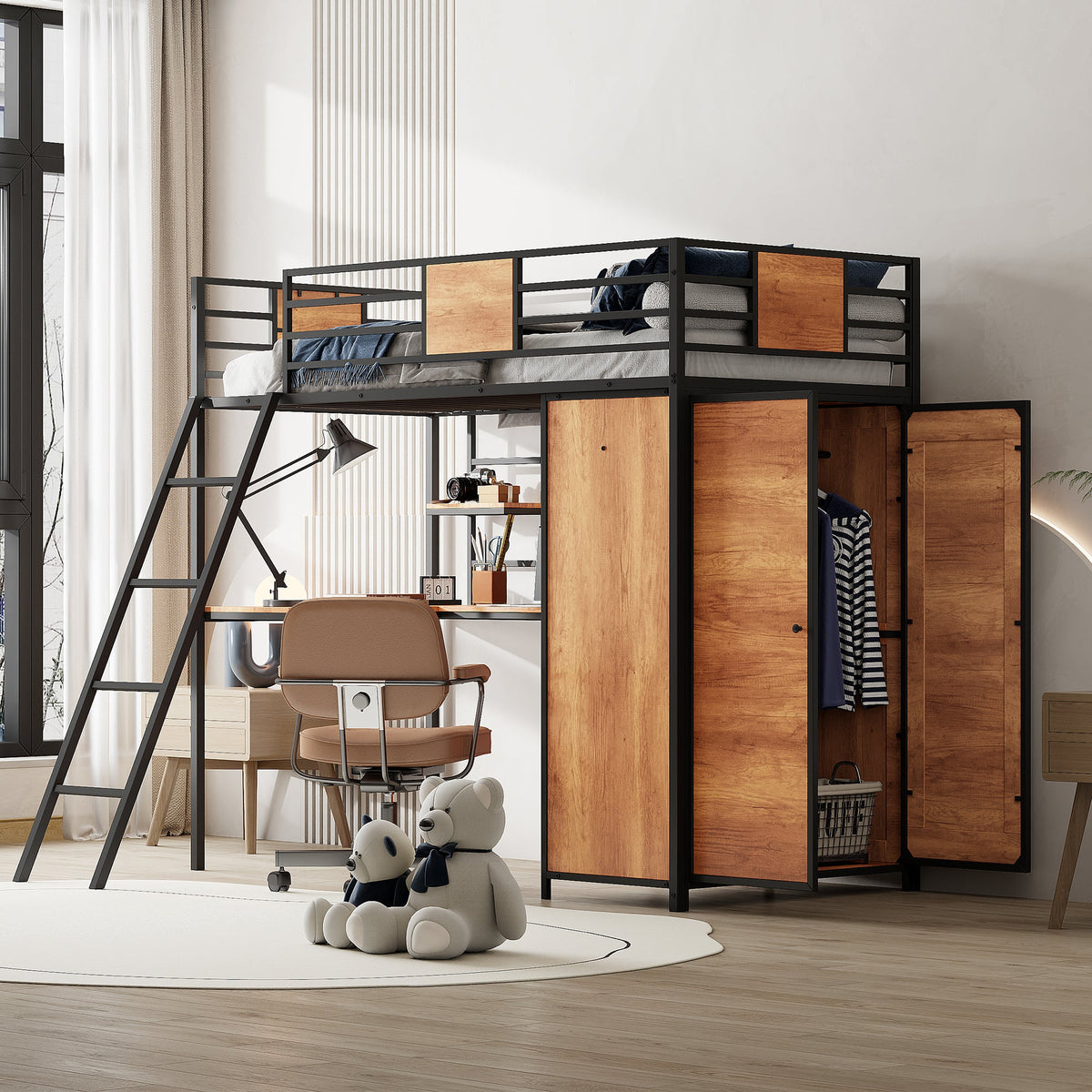 Twin Loft Bed with Desk and Wardrobe in Black Metal