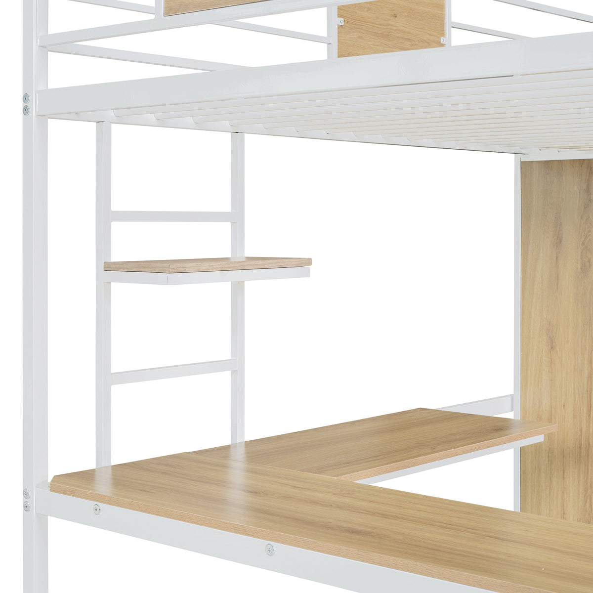 Twin Loft Bed with Desk and Wardrobe, White Metal Frame