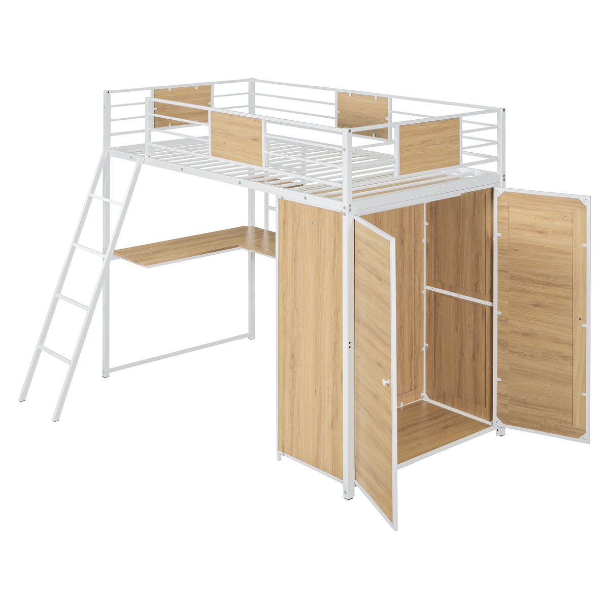 Twin Loft Bed with Desk and Wardrobe, White Metal Frame