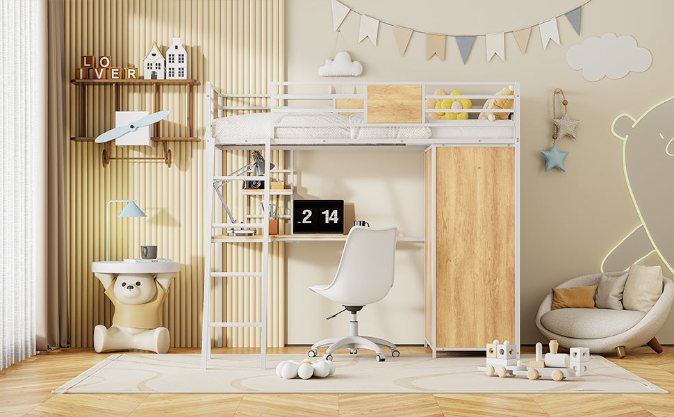 Twin Loft Bed with Desk and Wardrobe, White Metal Frame
