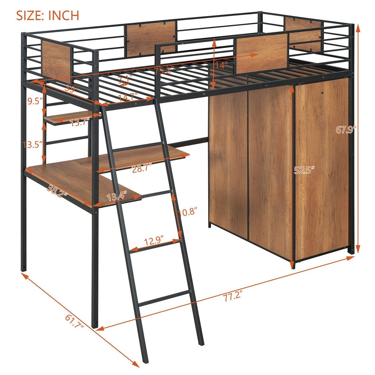 Twin Loft Bed with Desk and Wardrobe in Black Metal
