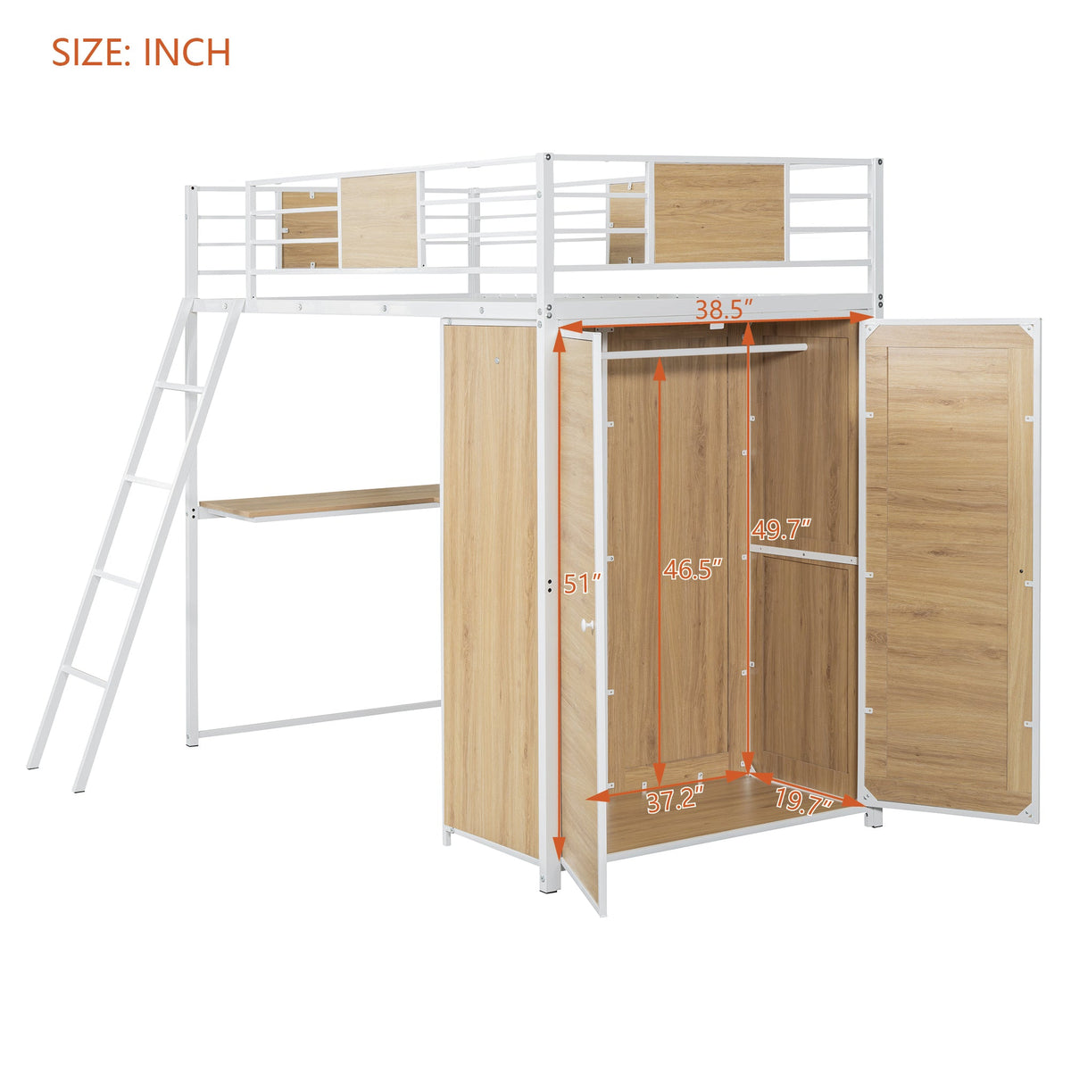 Twin Loft Bed with Desk and Wardrobe, White Metal Frame