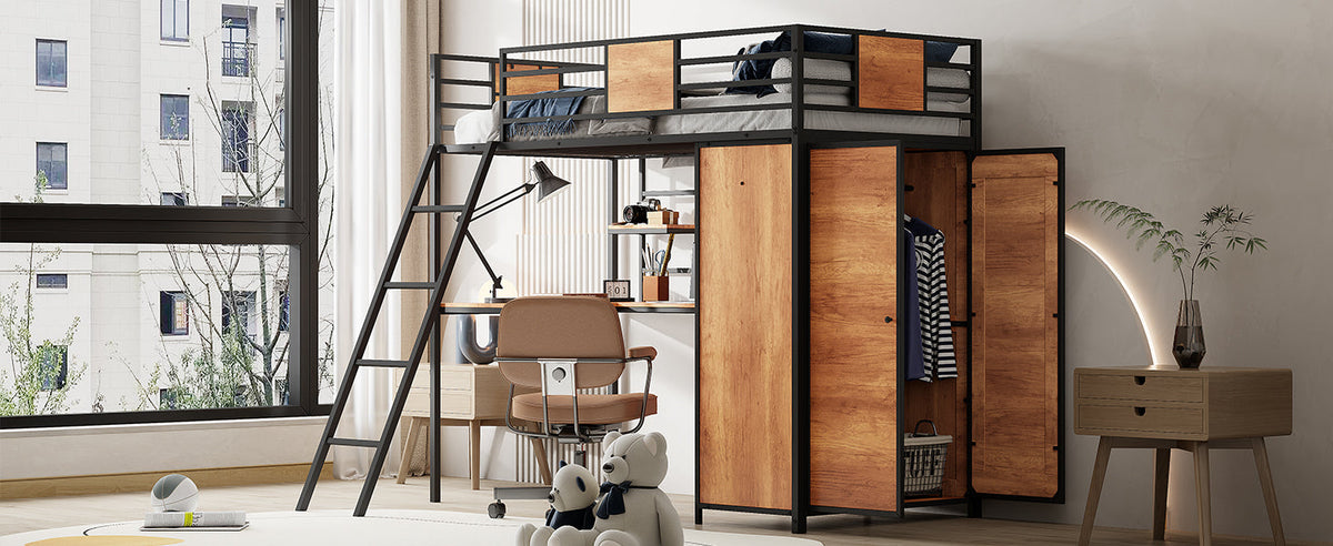 Twin Loft Bed with Desk and Wardrobe in Black Metal