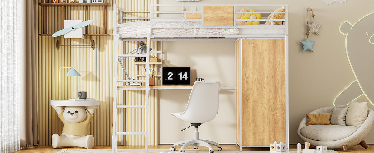 Twin Loft Bed with Desk and Wardrobe, White Metal Frame