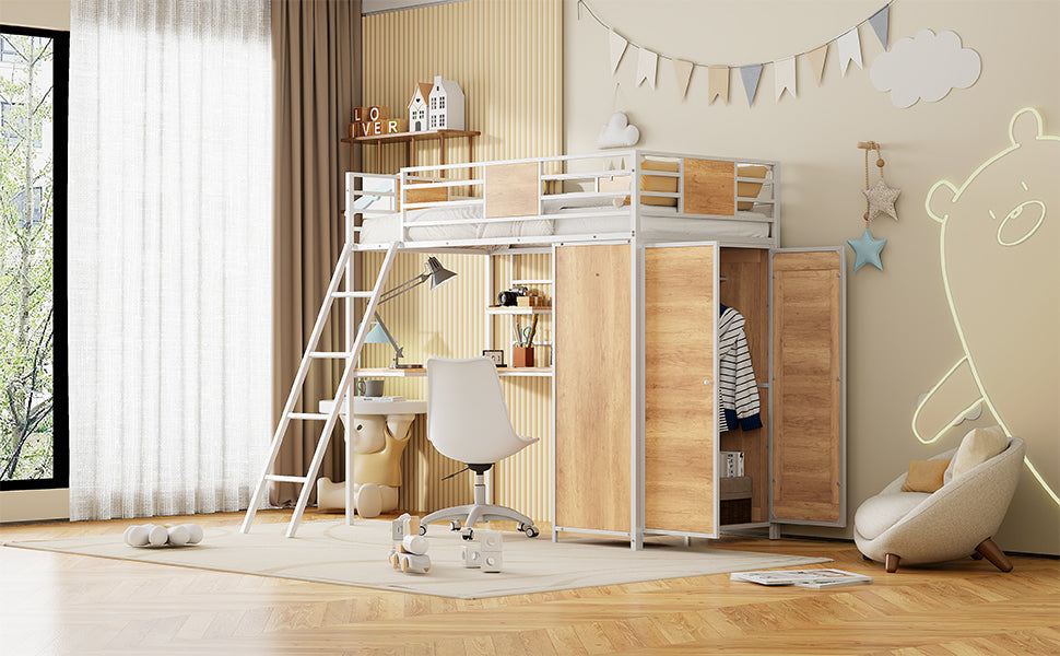Twin Loft Bed with Desk and Wardrobe, White Metal Frame