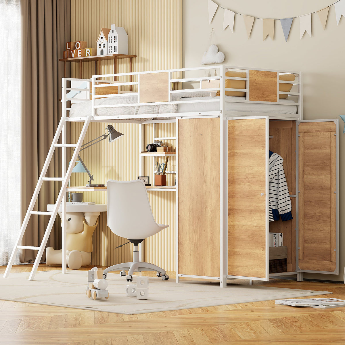 Twin Loft Bed with Desk and Wardrobe, White Metal Frame