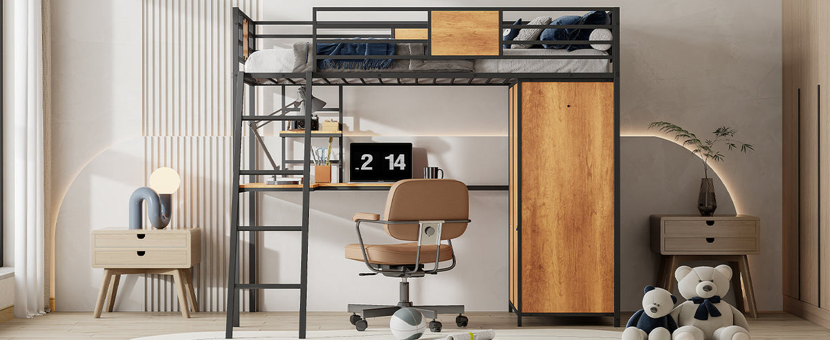 Twin Loft Bed with Desk and Wardrobe in Black Metal