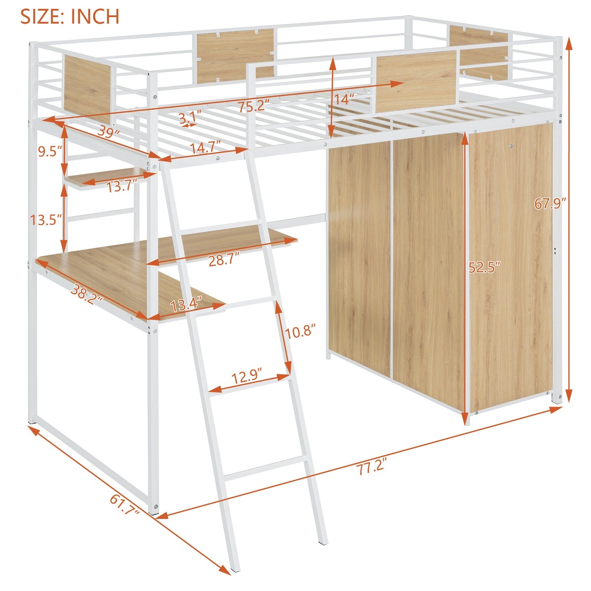 Twin Loft Bed with Desk and Wardrobe, White Metal Frame