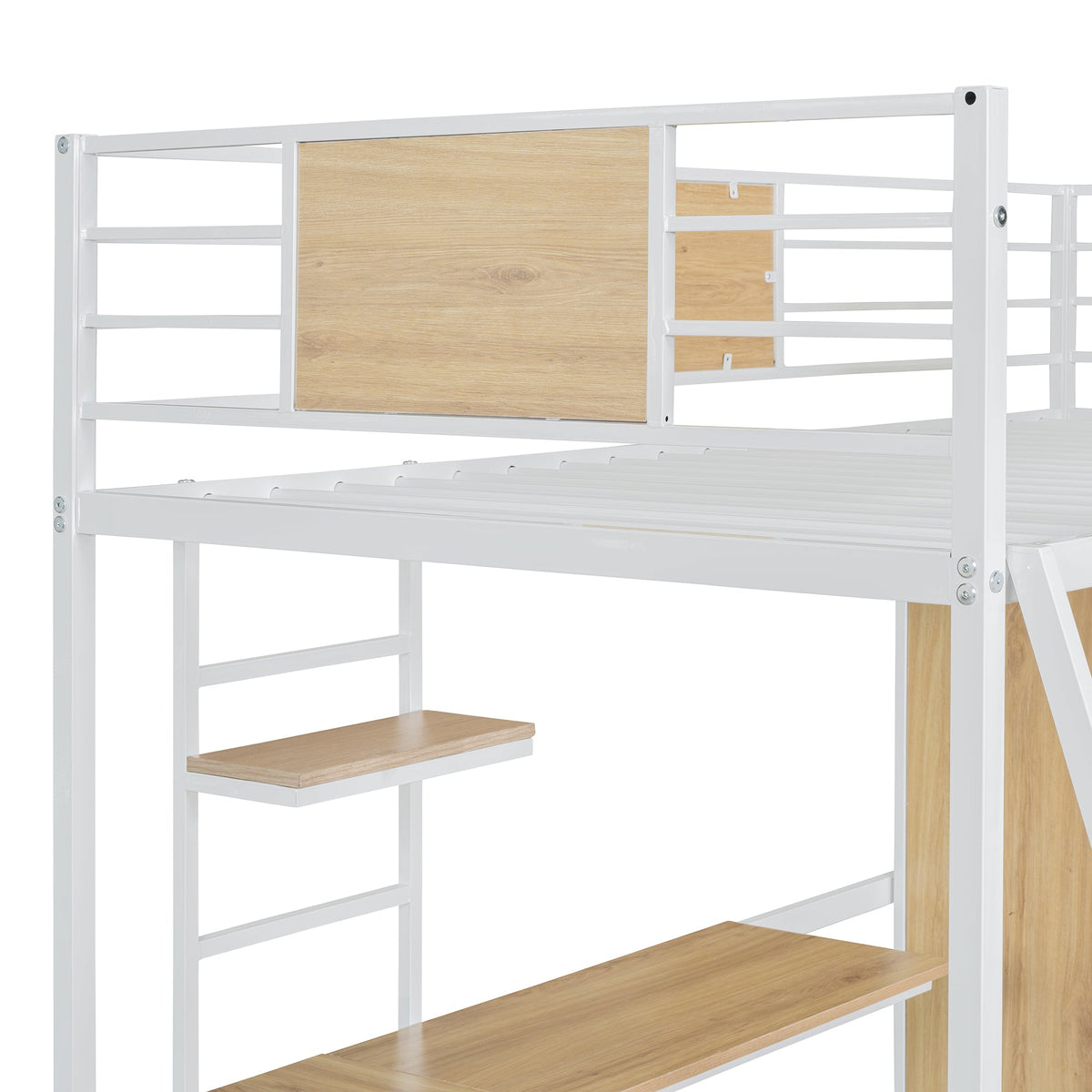 Twin Loft Bed with Desk and Wardrobe, White Metal Frame