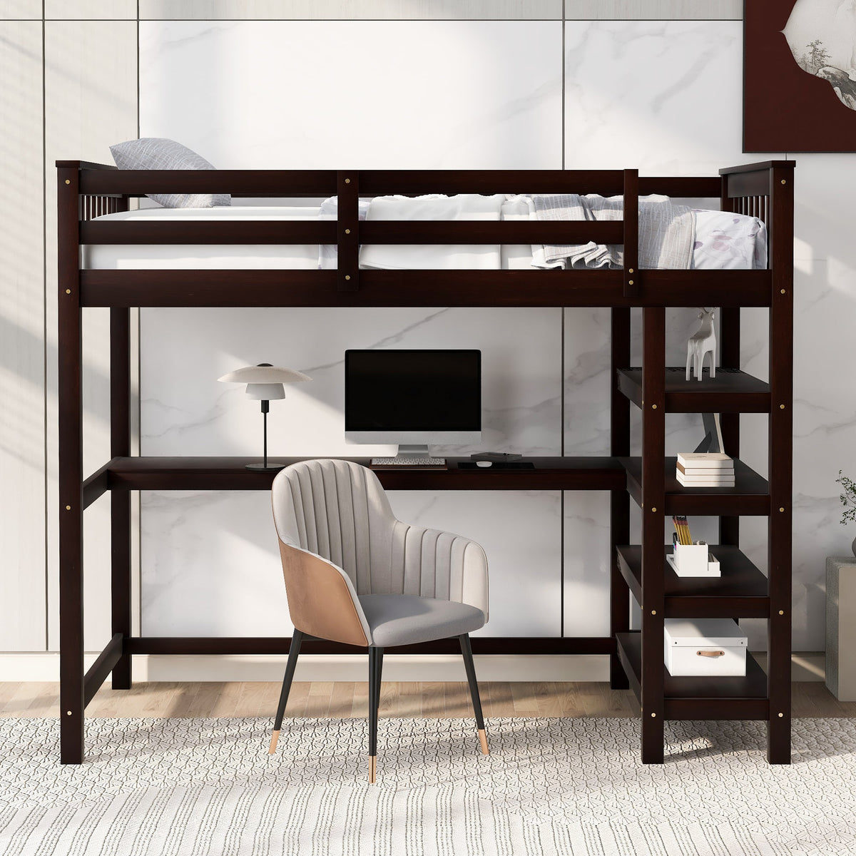 Twin Loft Bed with Desk and Shelves, Espresso Wood