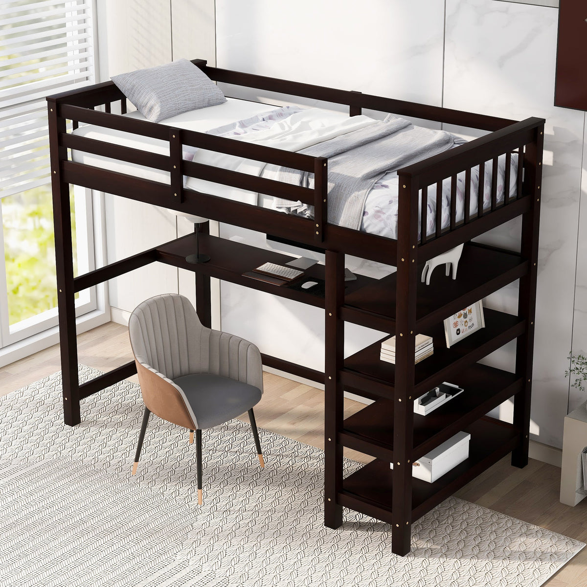 Twin Loft Bed with Desk and Shelves, Espresso Wood